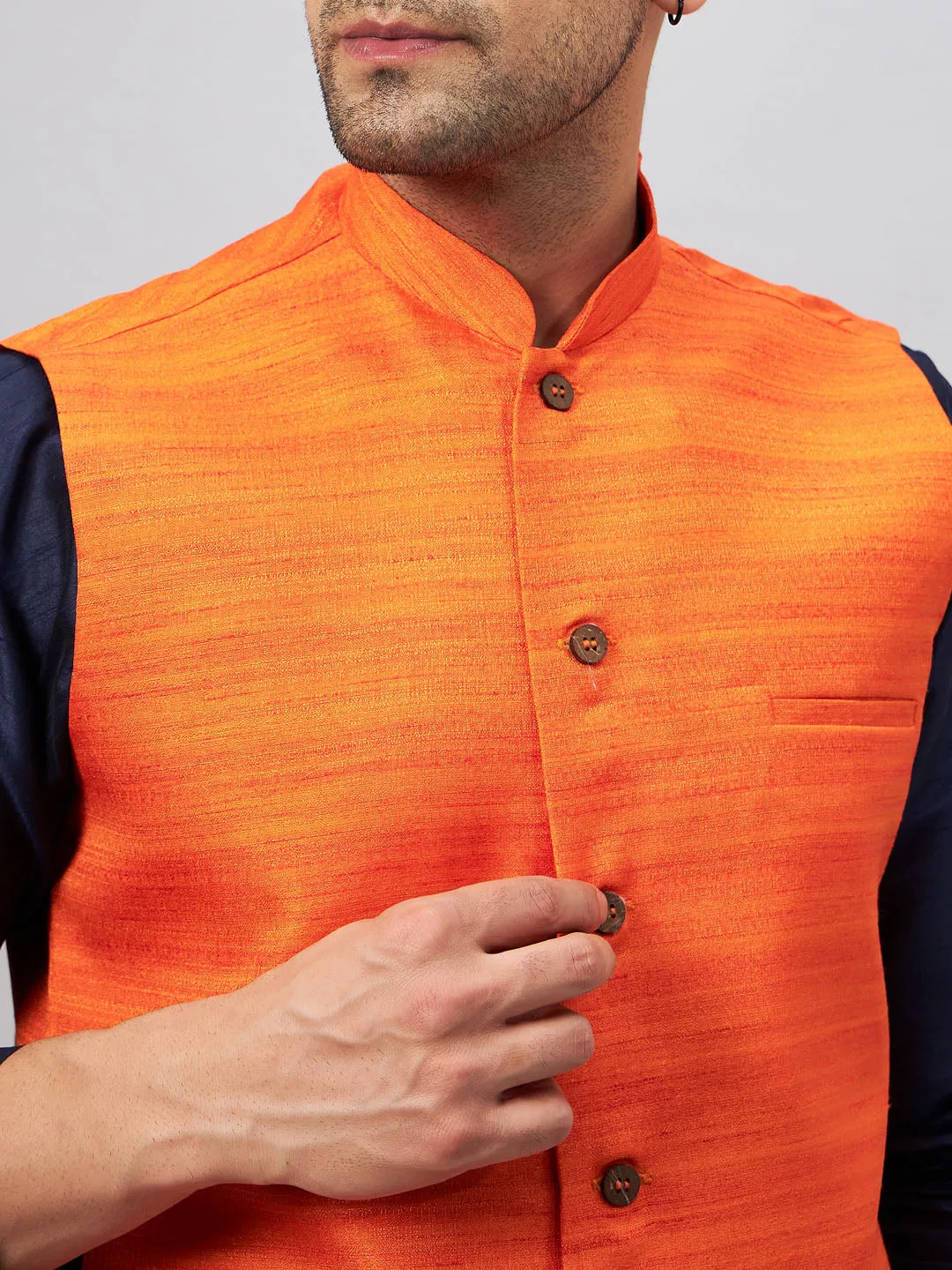 Jashvi Men's Orange Jacket With Navy Blue Kurta And Pyjama Set