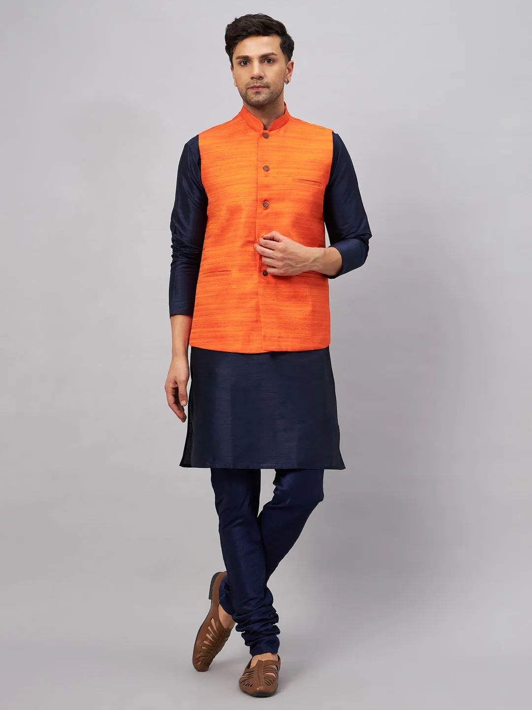 Jashvi Men's Orange Jacket With Navy Blue Kurta And Pyjama Set