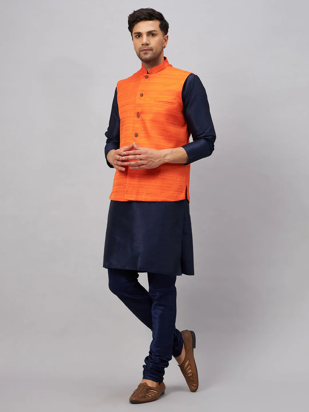 Jashvi Men's Orange Jacket With Navy Blue Kurta And Pyjama Set