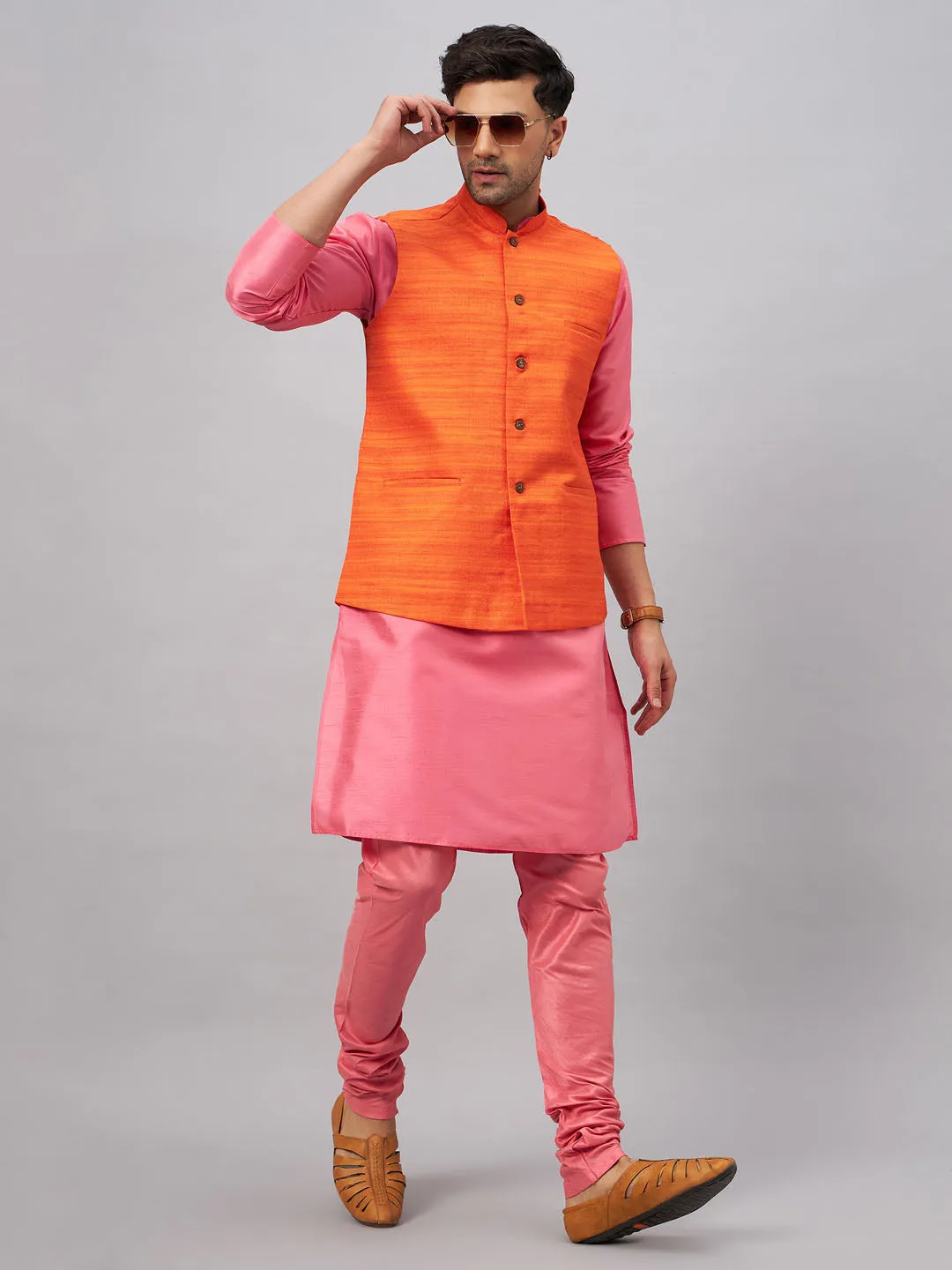 Jashvi Men's Orange Jacket With Pink Kurta And Pyjama Set