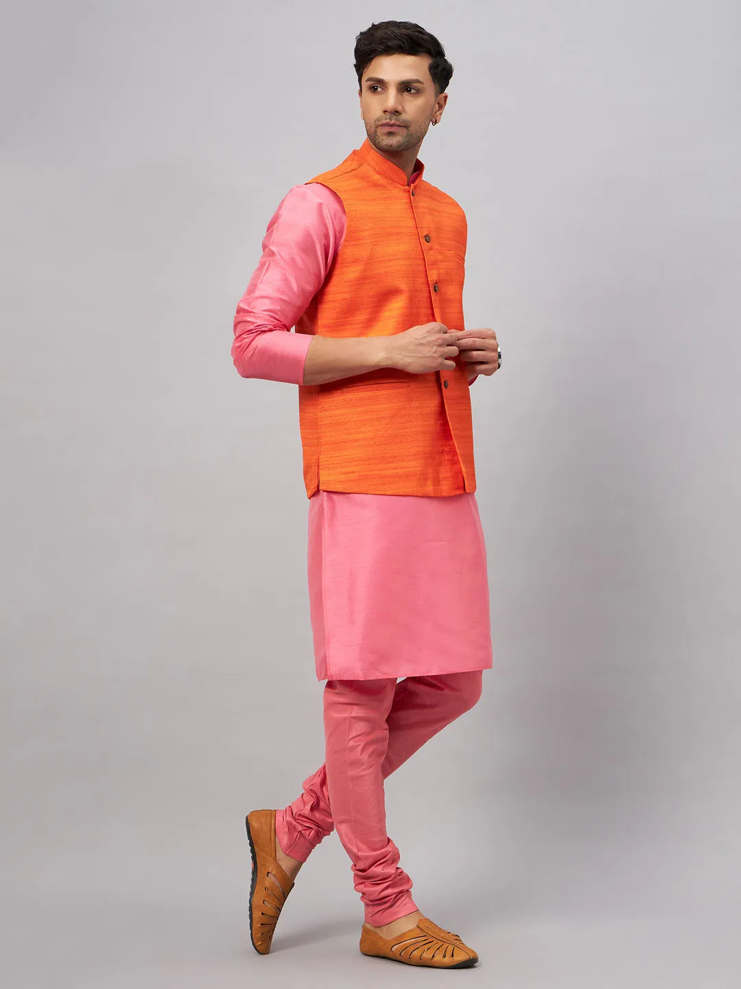 Jashvi Men's Orange Jacket With Pink Kurta And Pyjama Set