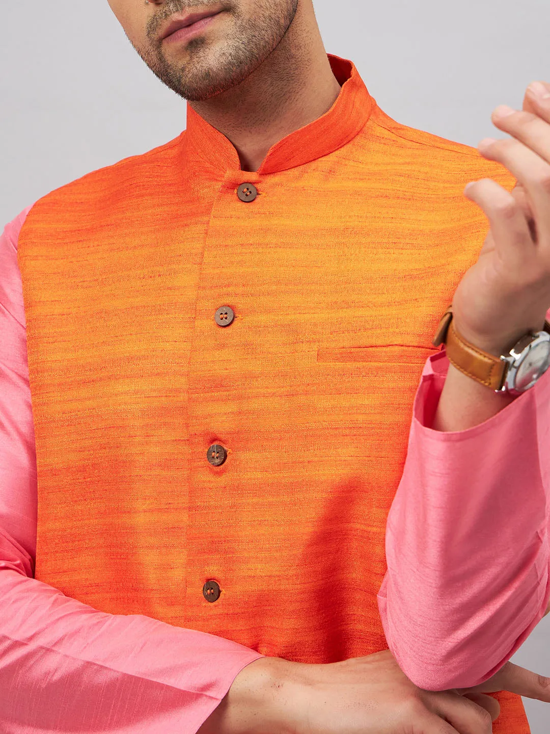 Jashvi Men's Orange Jacket With Pink Kurta And Pyjama Set