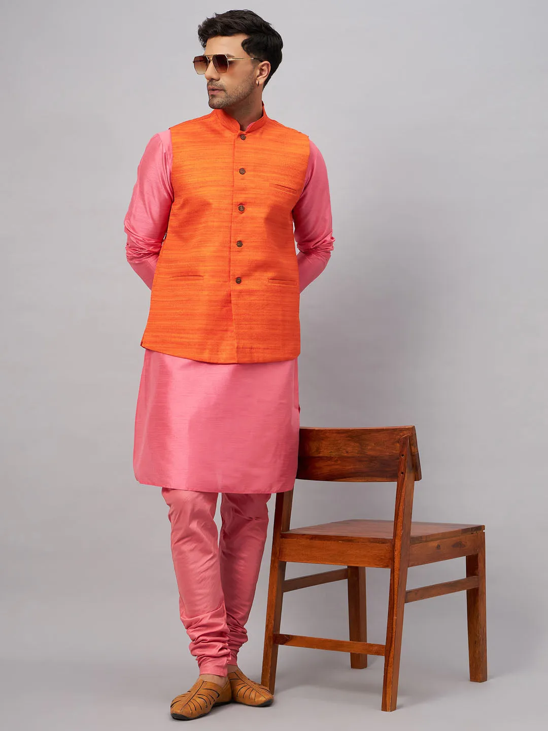 Jashvi Men's Orange Jacket With Pink Kurta And Pyjama Set