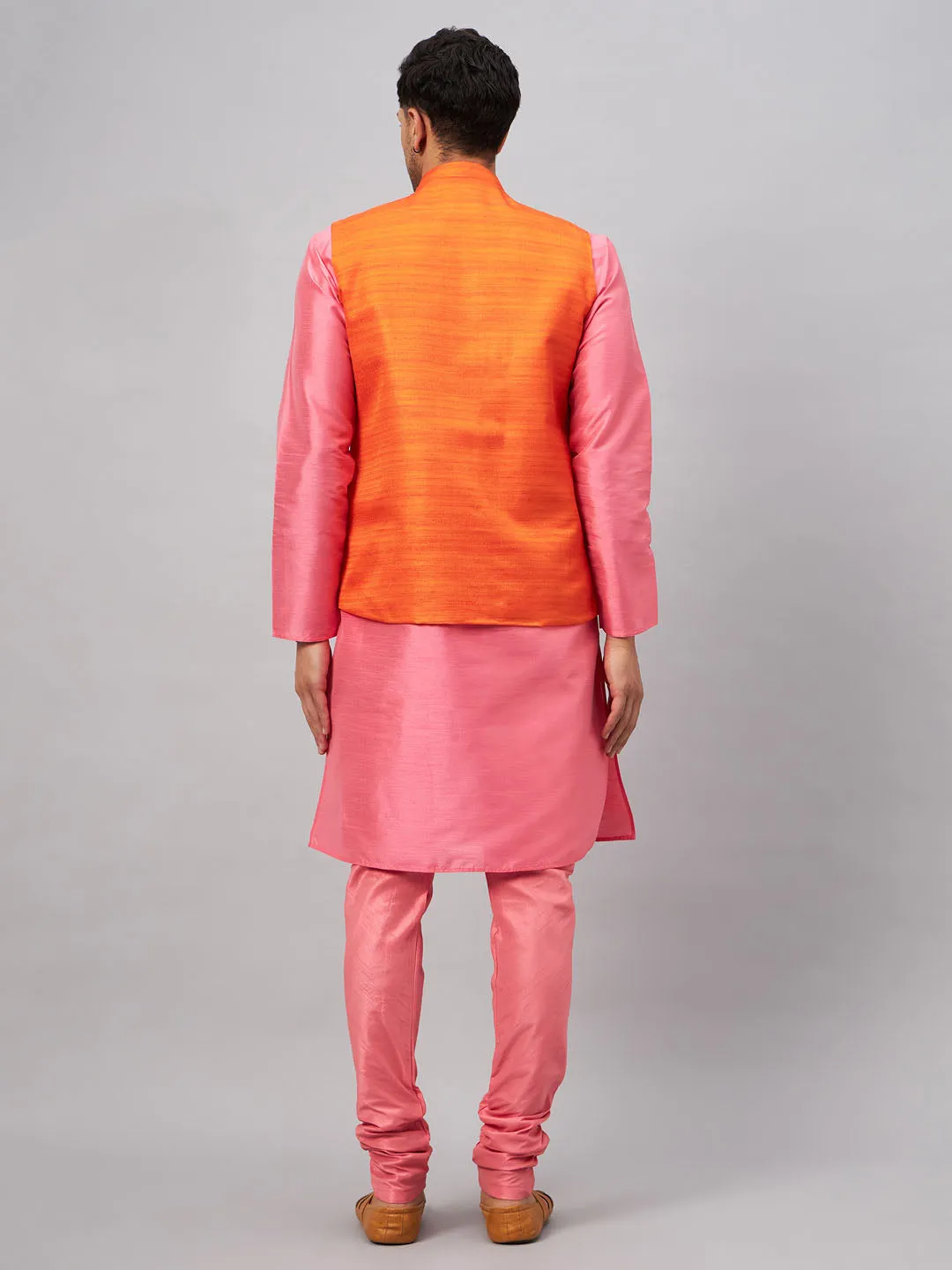 Jashvi Men's Orange Jacket With Pink Kurta And Pyjama Set