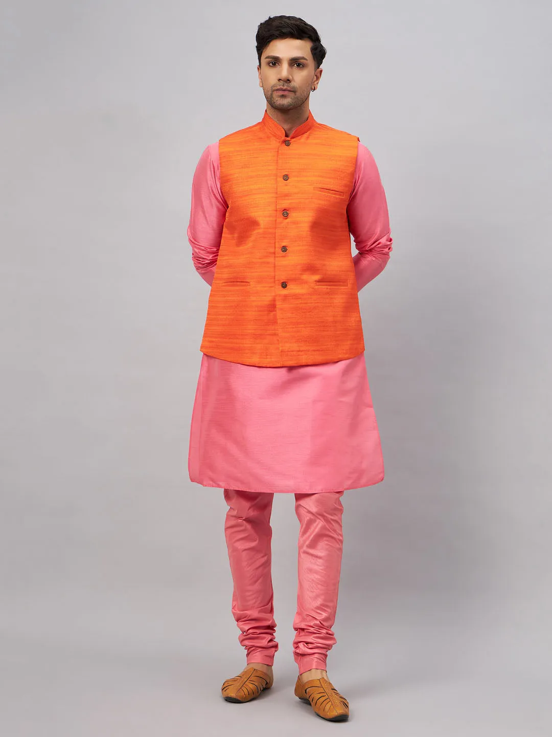 Jashvi Men's Orange Jacket With Pink Kurta And Pyjama Set