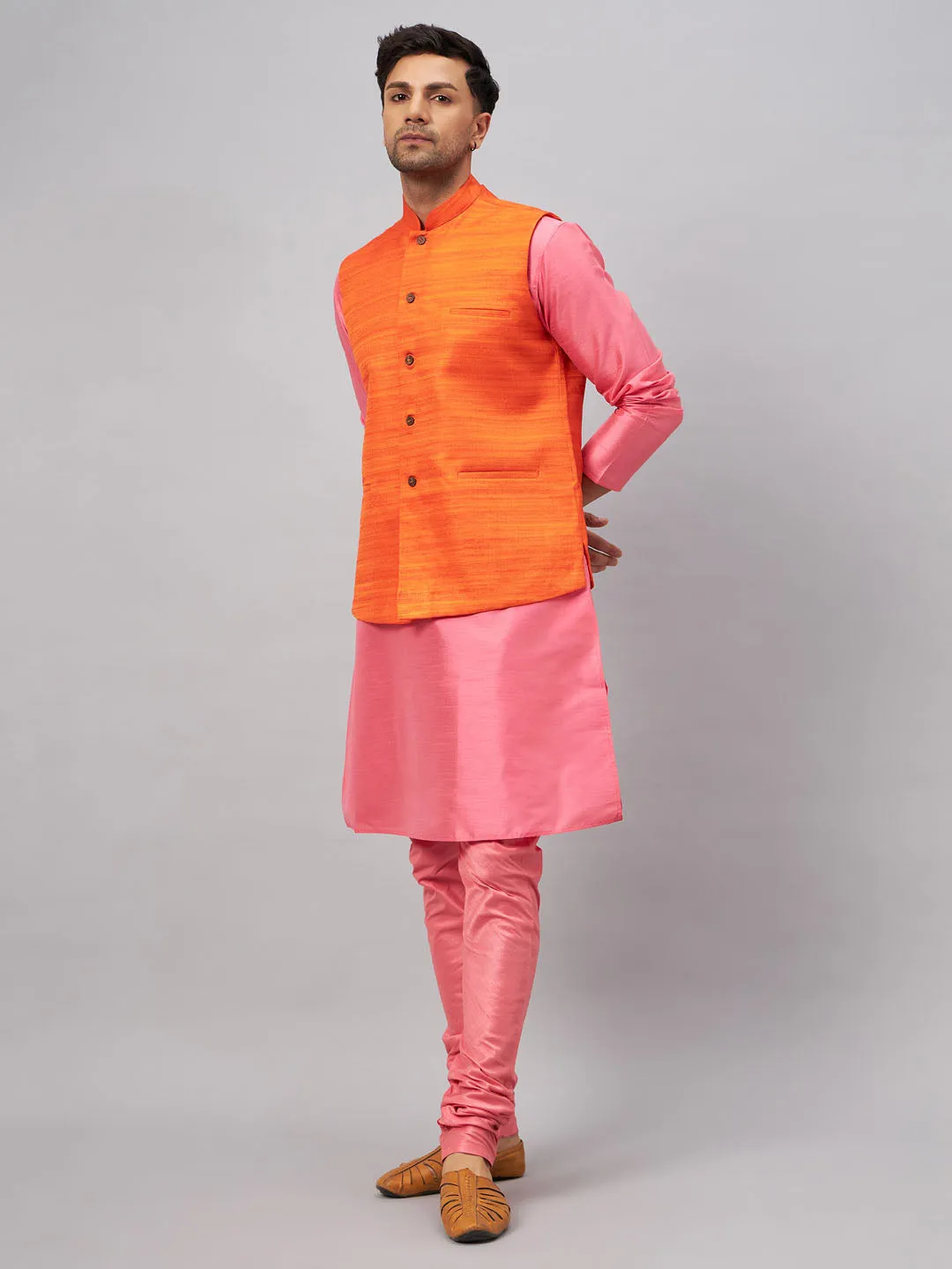 Jashvi Men's Orange Jacket With Pink Kurta And Pyjama Set