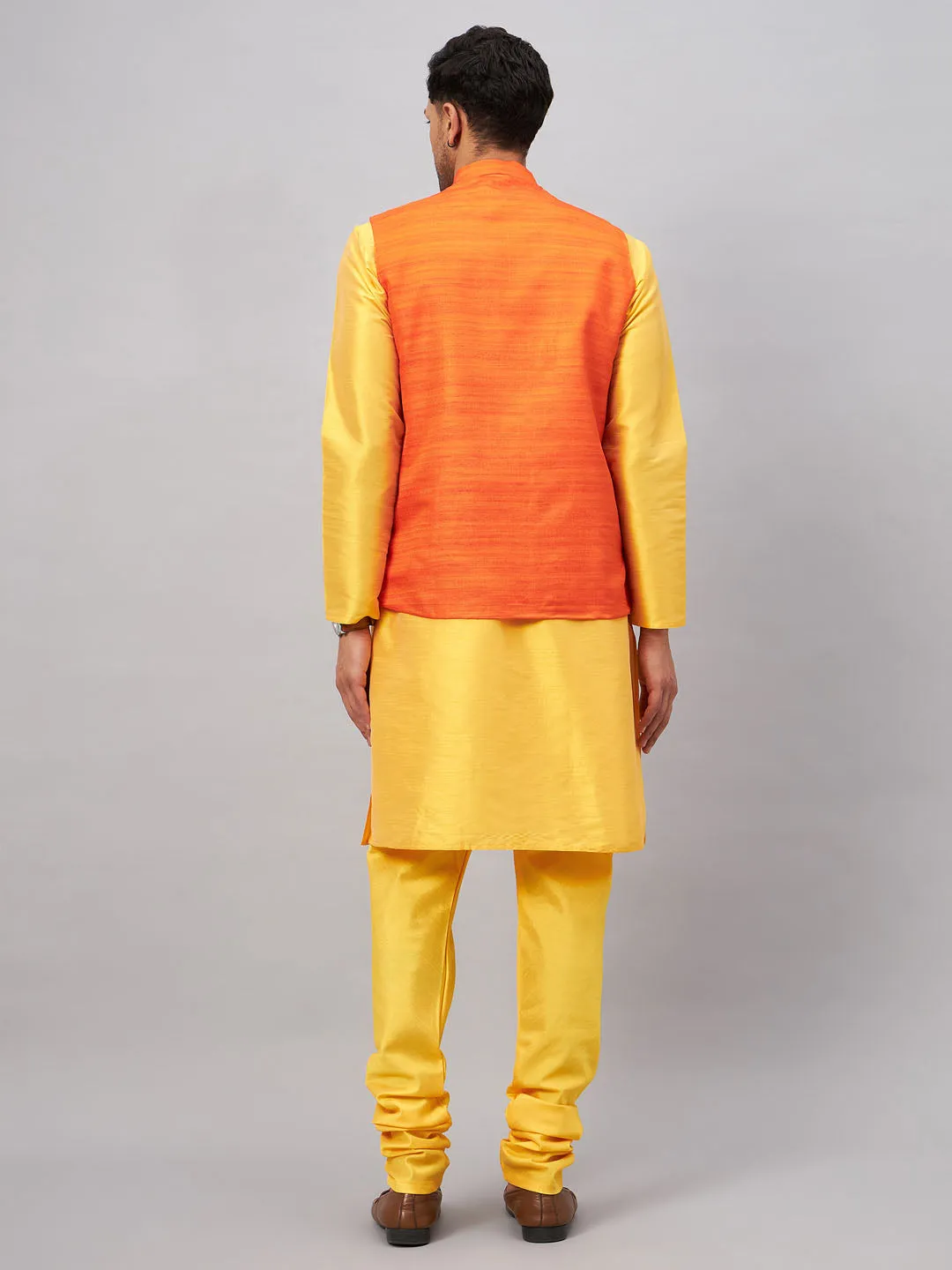 Jashvi Men's Orange Jacket With Yellow Kurta And Pyjama Set