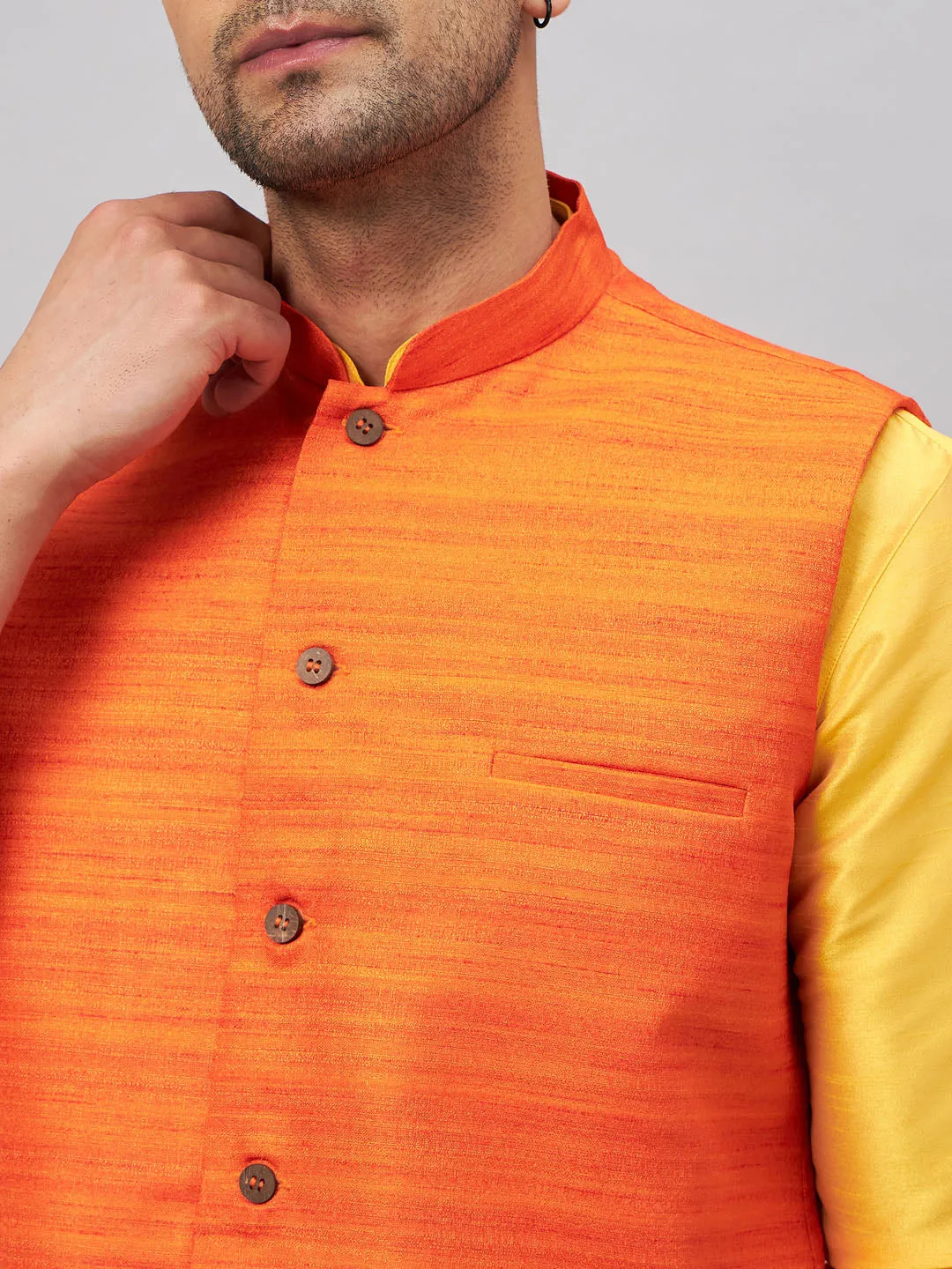 Jashvi Men's Orange Jacket With Yellow Kurta And Pyjama Set