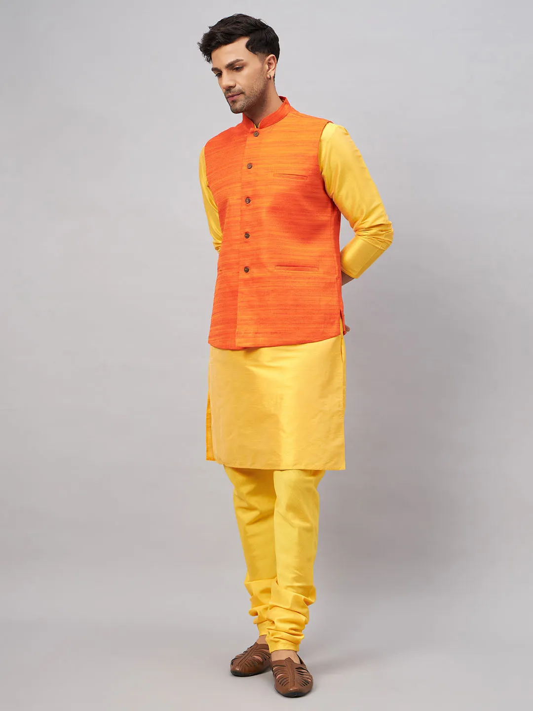 Jashvi Men's Orange Jacket With Yellow Kurta And Pyjama Set