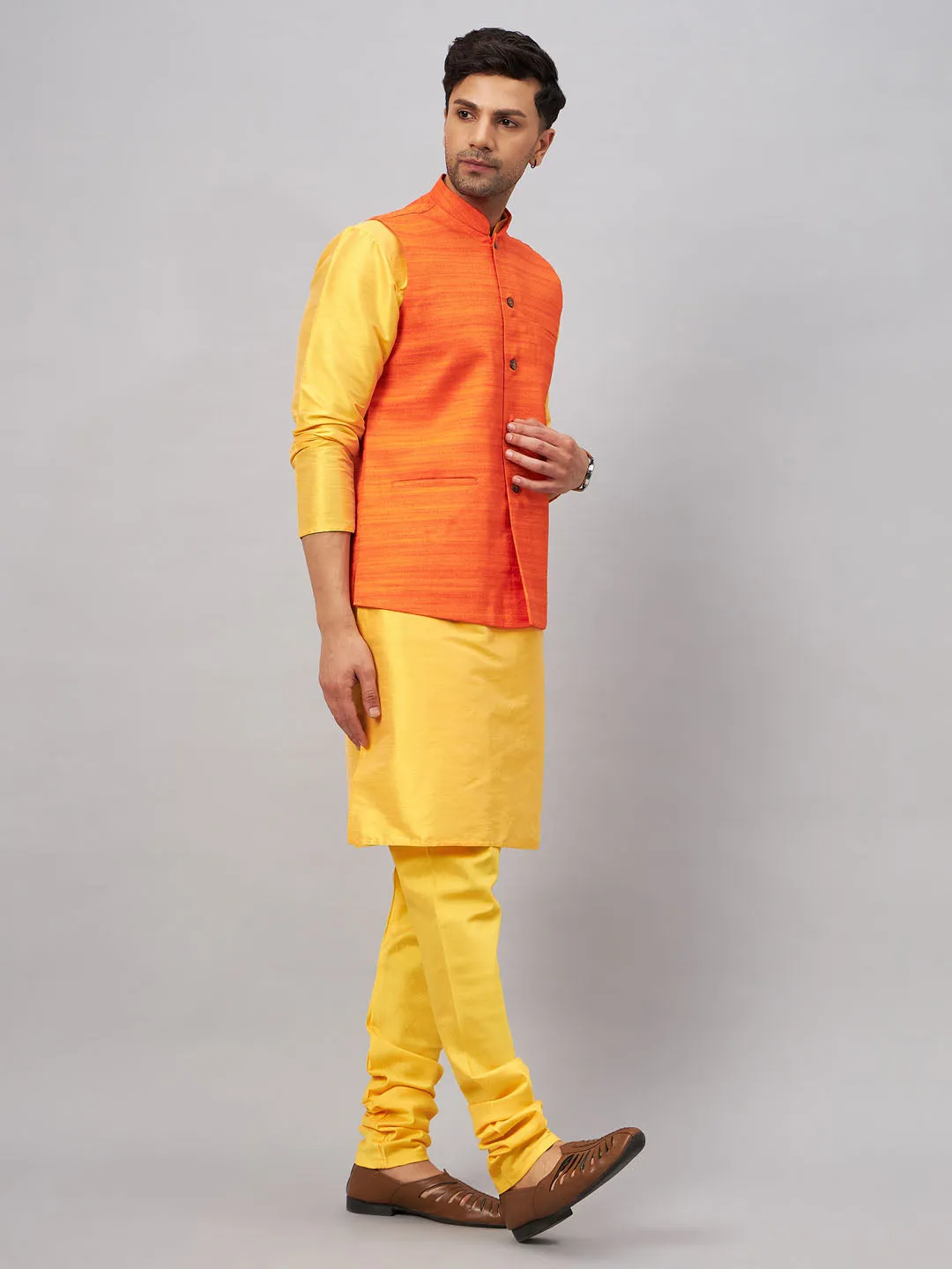 Jashvi Men's Orange Jacket With Yellow Kurta And Pyjama Set