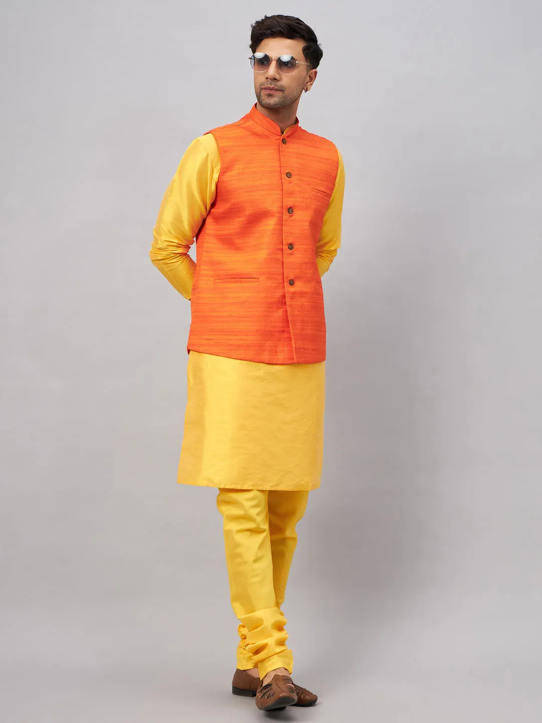 Jashvi Men's Orange Jacket With Yellow Kurta And Pyjama Set