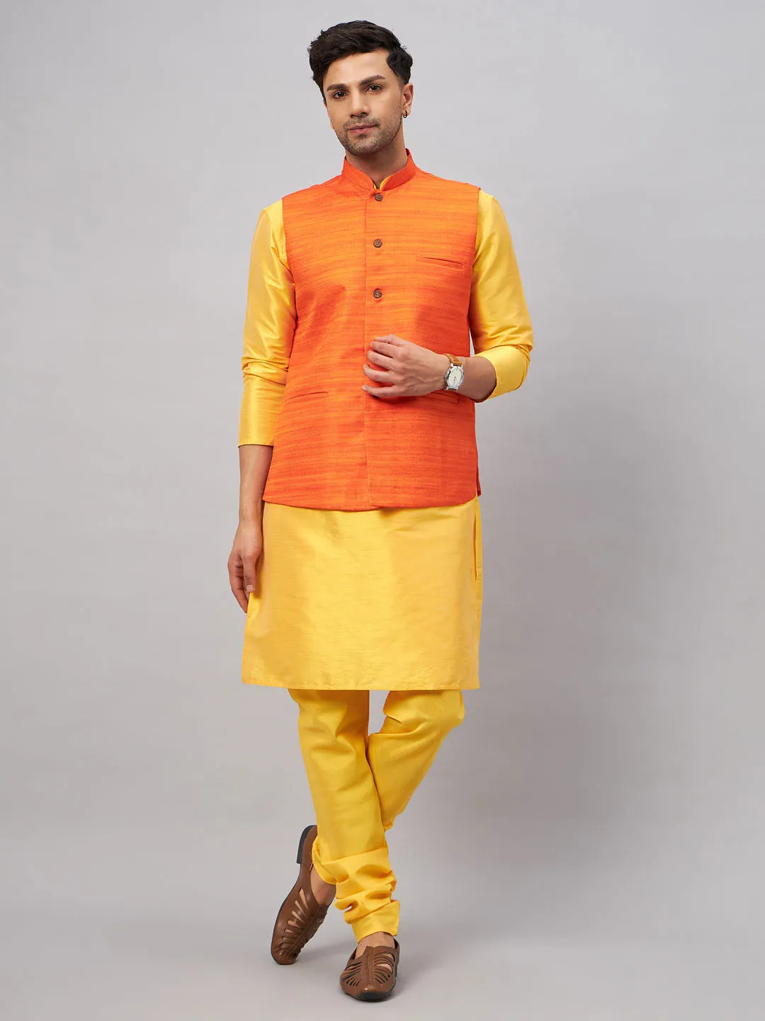 Jashvi Men's Orange Jacket With Yellow Kurta And Pyjama Set