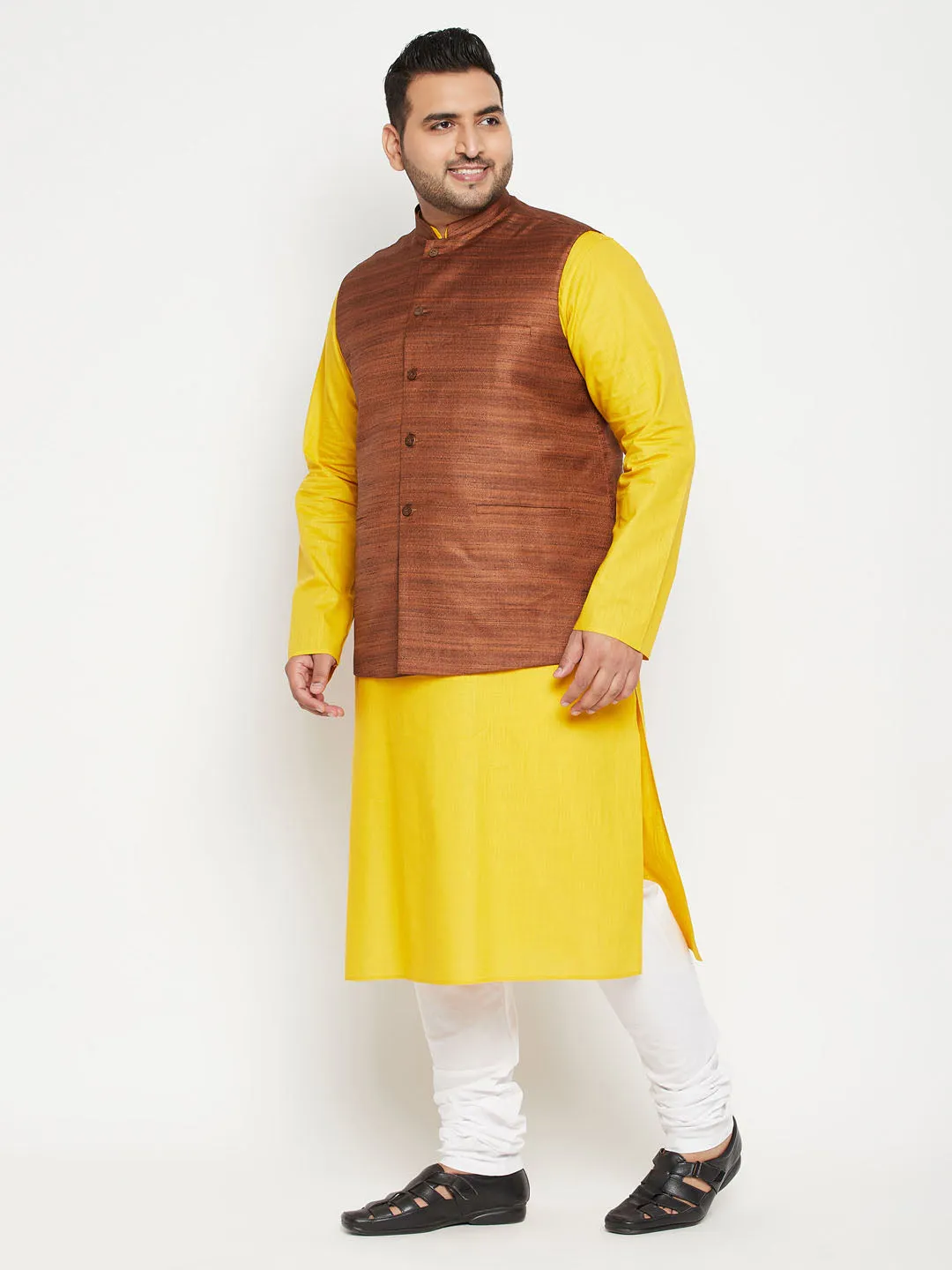 Jashvi Men's Plus Size Mustard and Coffee Brown Cotton Blend Jacket Kurta Pyjama Set