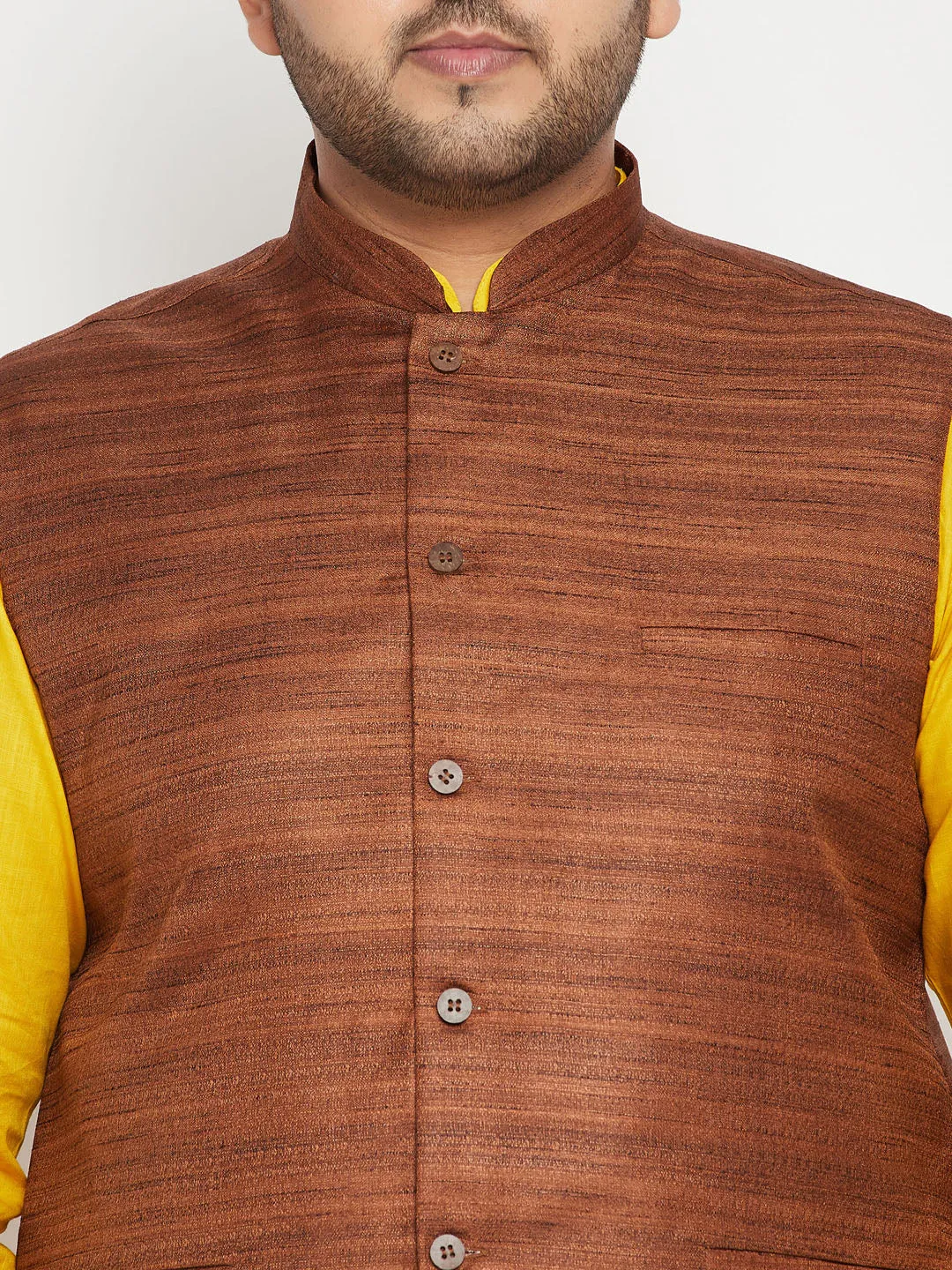 Jashvi Men's Plus Size Mustard and Coffee Brown Cotton Blend Jacket Kurta Pyjama Set