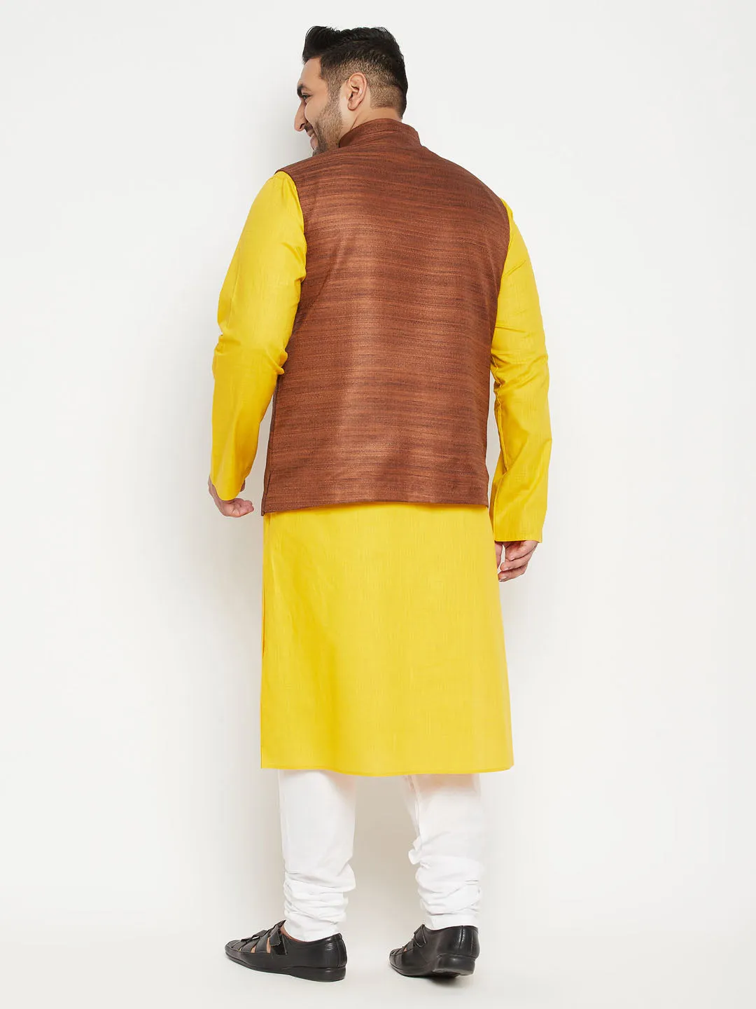 Jashvi Men's Plus Size Mustard and Coffee Brown Cotton Blend Jacket Kurta Pyjama Set