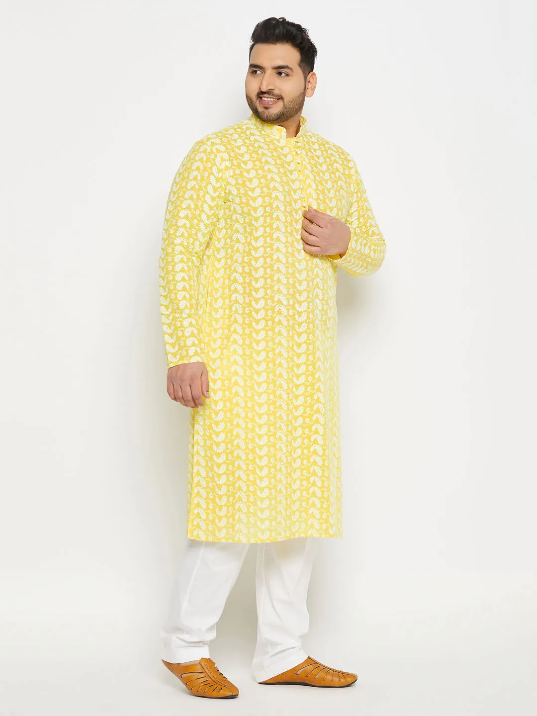 Jashvi Men's Plus Size Mustard Chikankari Embroidered Kurta And White Cotton Pant Style Pyjama Set