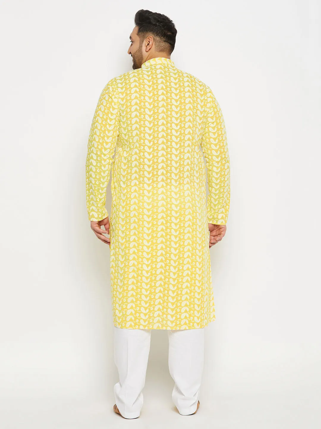 Jashvi Men's Plus Size Mustard Chikankari Embroidered Kurta And White Cotton Pant Style Pyjama Set