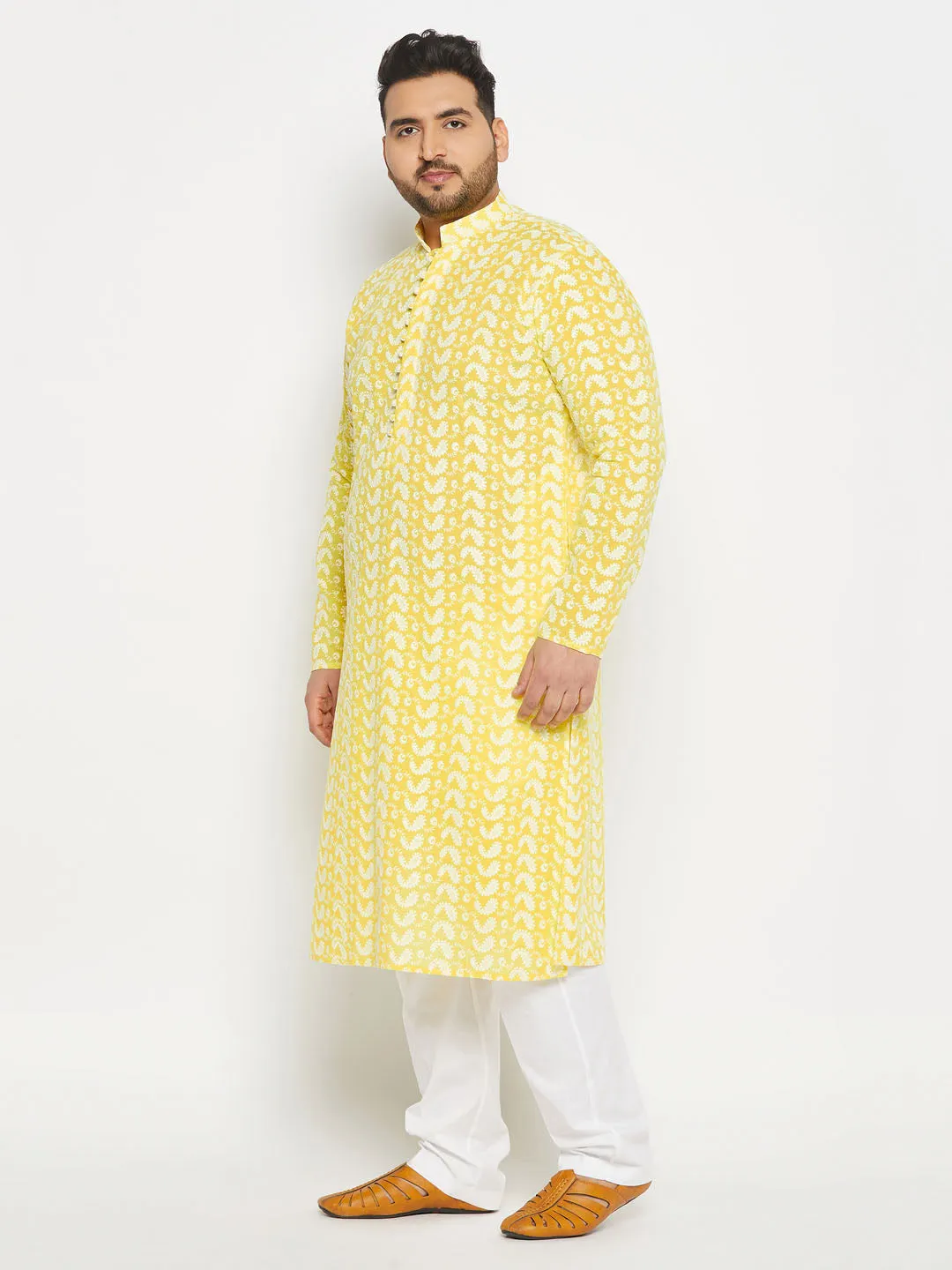 Jashvi Men's Plus Size Mustard Chikankari Embroidered Kurta And White Cotton Pant Style Pyjama Set