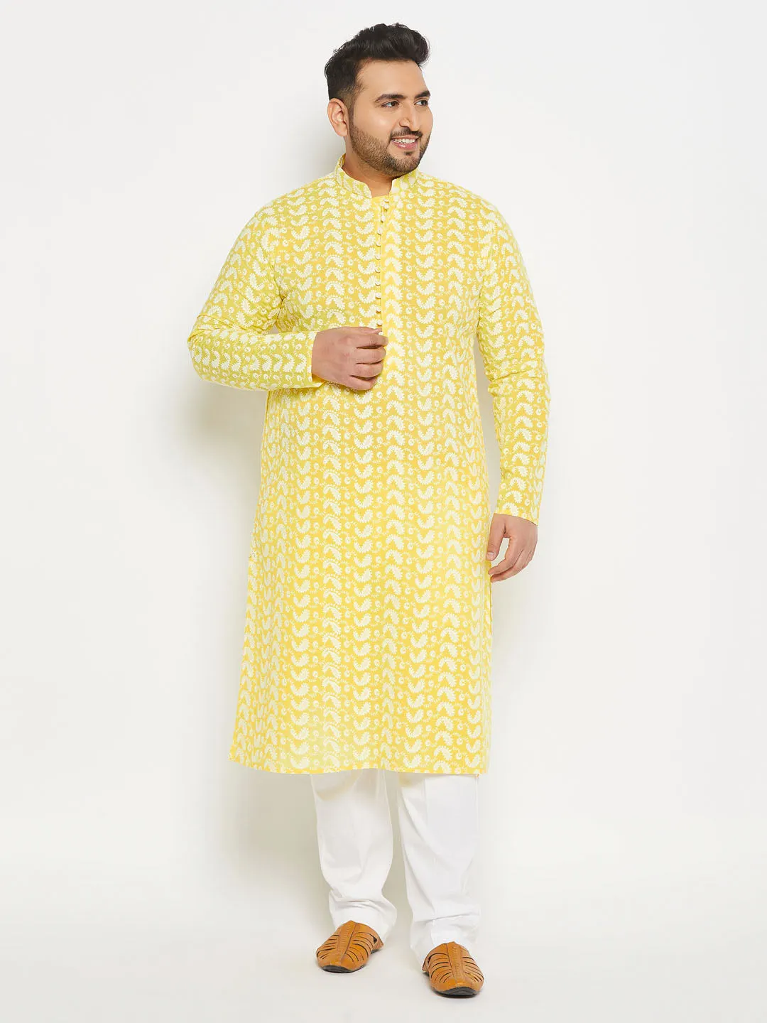 Jashvi Men's Plus Size Mustard Chikankari Embroidered Kurta And White Cotton Pant Style Pyjama Set