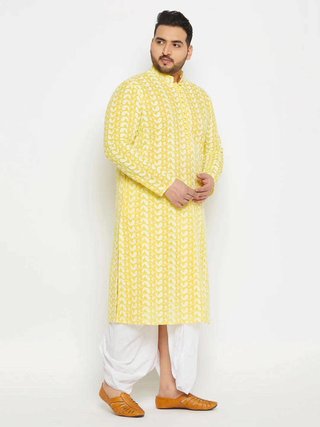 Jashvi Men's Plus Size Mustard Chikankari Embroidered Kurta And White Dhoti Set