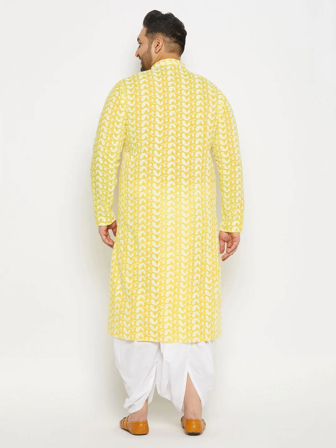 Jashvi Men's Plus Size Mustard Chikankari Embroidered Kurta And White Dhoti Set