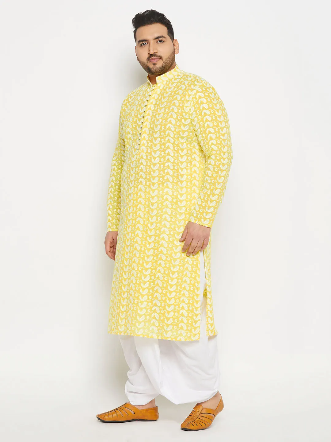 Jashvi Men's Plus Size Mustard Chikankari Embroidered Kurta And White Dhoti Set