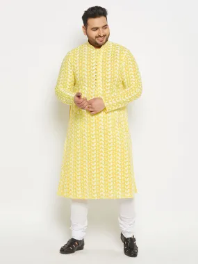 Jashvi Men's Plus Size Mustard Chikankari Embroidered Kurta And White Pyjama Set