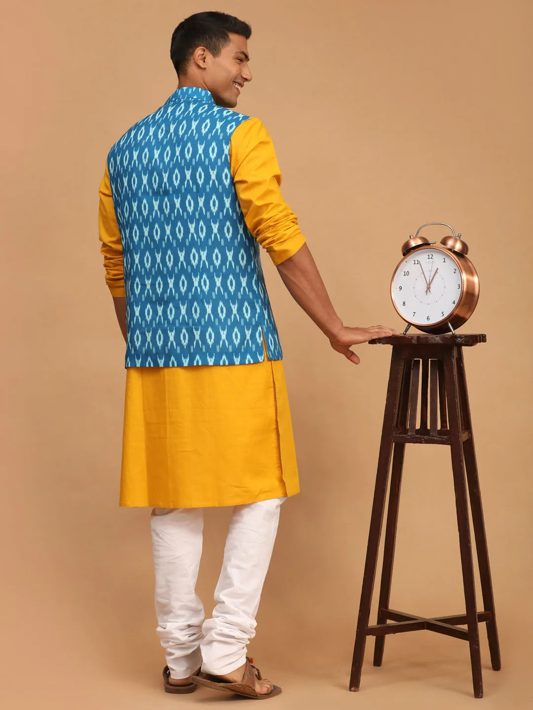 Jashvi Men's Turquoise Ikkat Printed Cotton Nehru Jacket With Mustard Kurta And White Pyjama Set