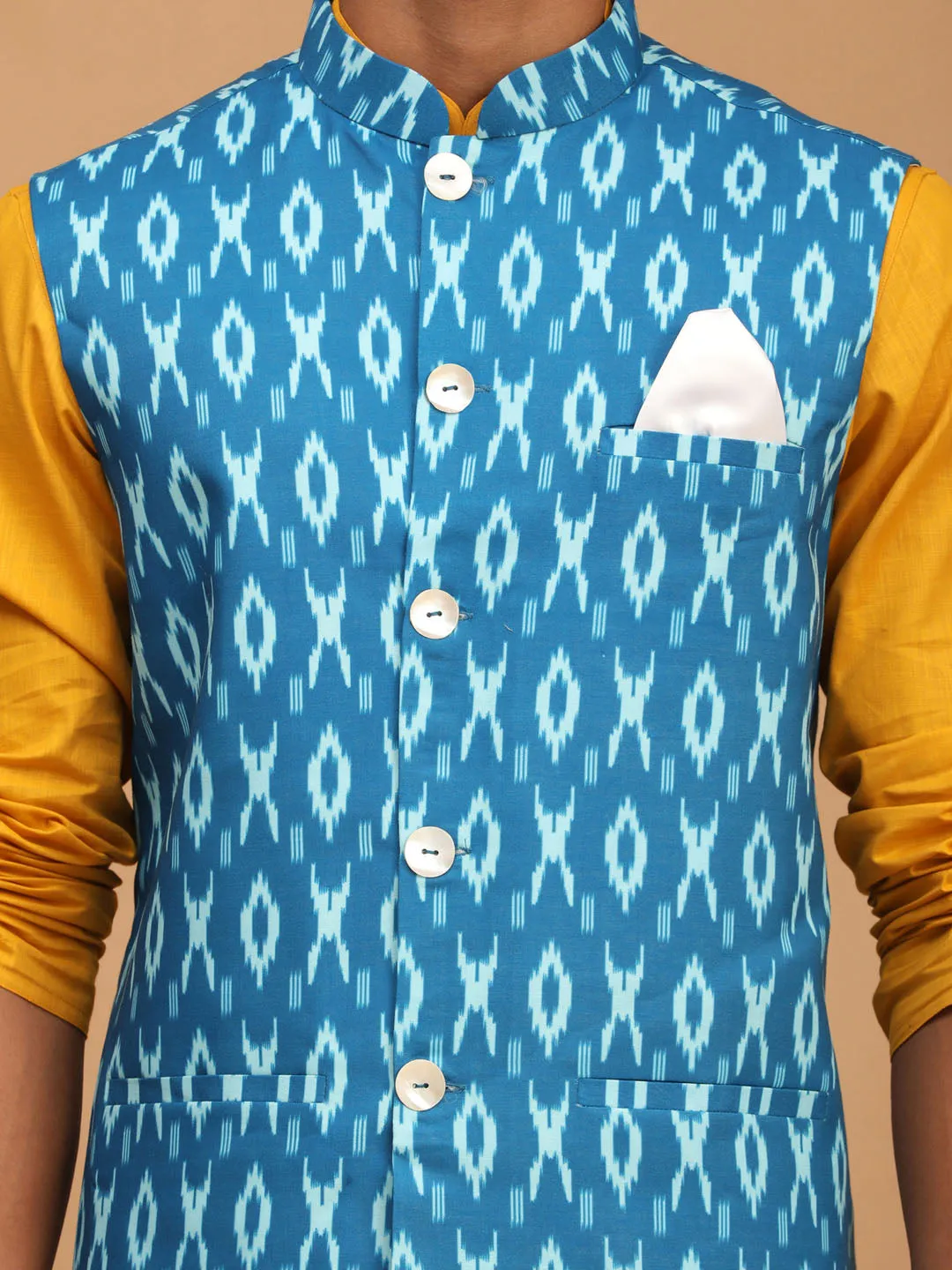 Jashvi Men's Turquoise Ikkat Printed Cotton Nehru Jacket With Mustard Kurta And White Pyjama Set