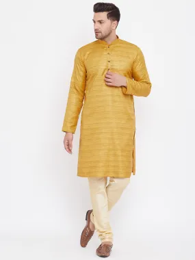 Jashvi Men's Yellow And Gold Silk Blend Kurta Pyjama Set