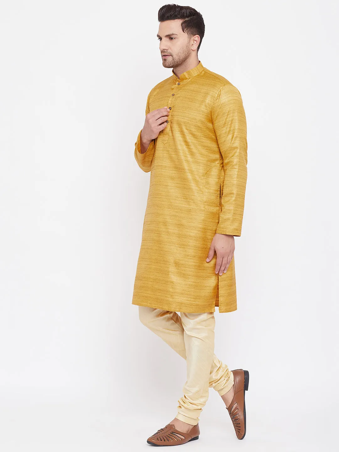 Jashvi Men's Yellow And Gold Silk Blend Kurta Pyjama Set