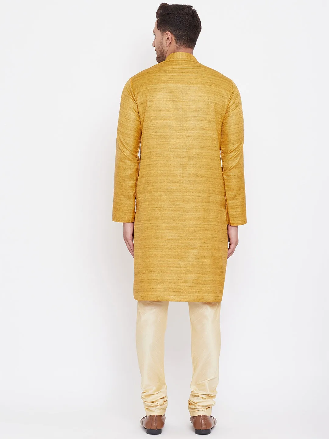 Jashvi Men's Yellow And Gold Silk Blend Kurta Pyjama Set