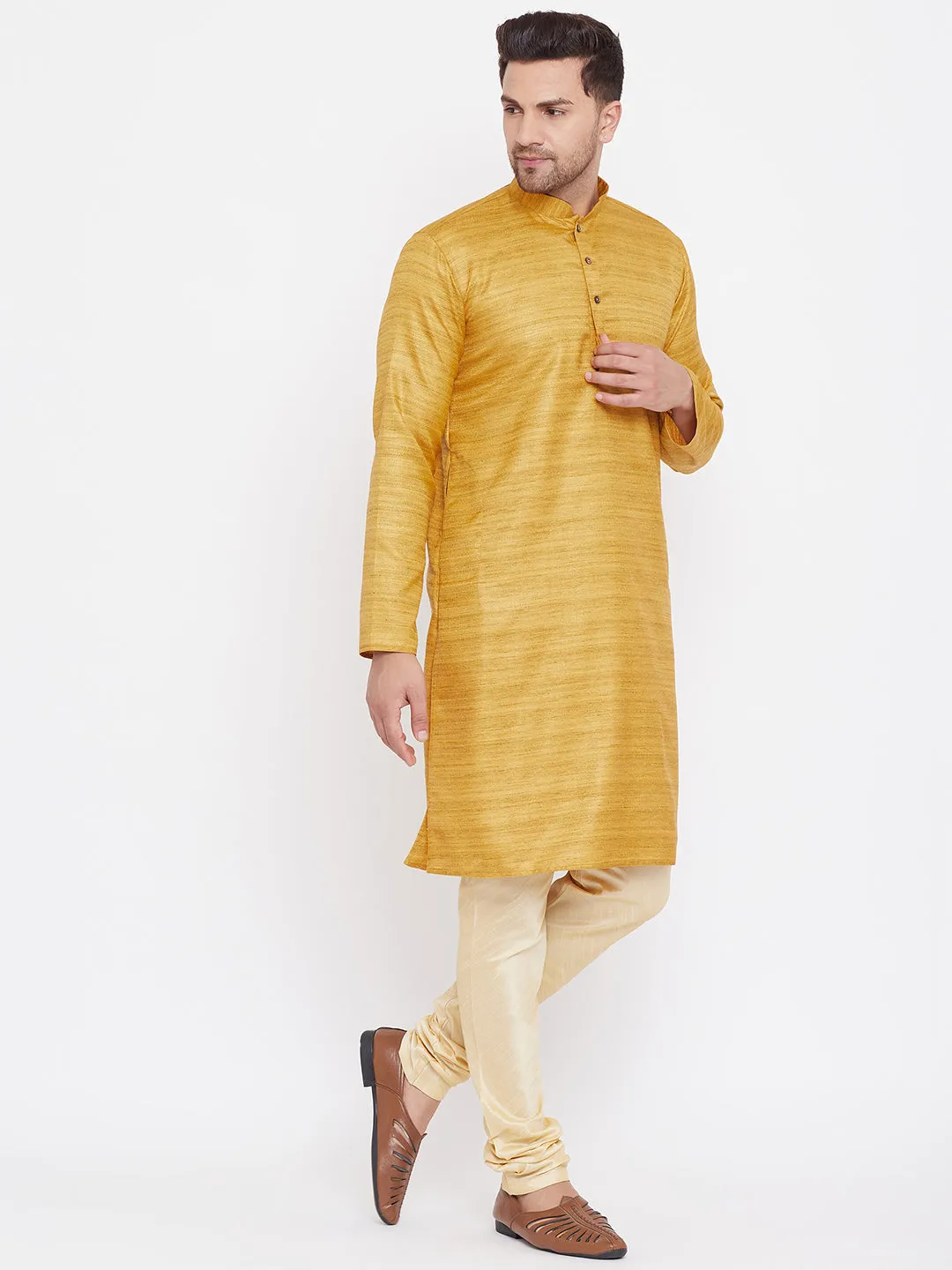 Jashvi Men's Yellow And Gold Silk Blend Kurta Pyjama Set