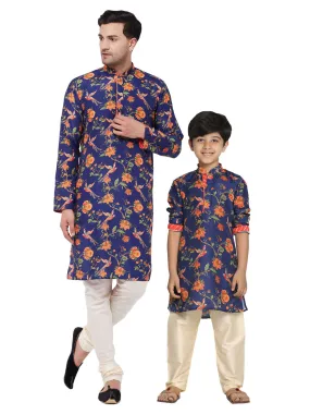 Jashvi Multicolor-Base-Blue And Cream Baap Beta Kurta Pyjama Set