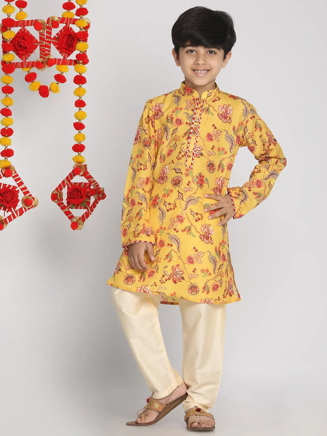 Jashvi Multicolor-Base-Mustard And Cream Baap Beta Kurta And Pyjama Set