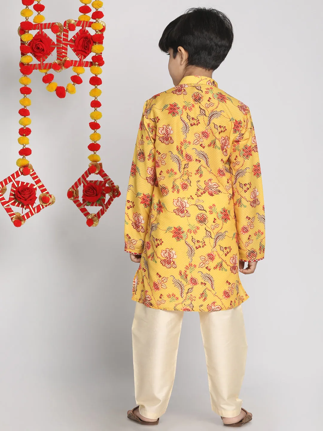 Jashvi Multicolor-Base-Mustard And Cream Baap Beta Kurta And Pyjama Set