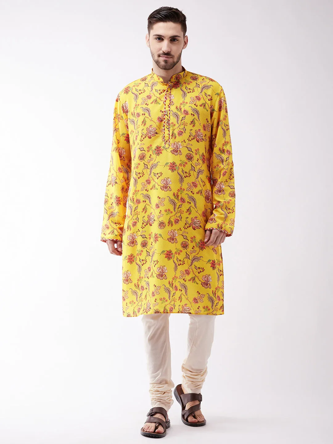 Jashvi Multicolor-Base-Mustard And Cream Baap Beta Kurta And Pyjama Set