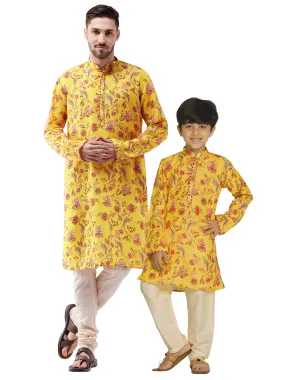 Jashvi Multicolor-Base-Mustard And Cream Baap Beta Kurta And Pyjama Set