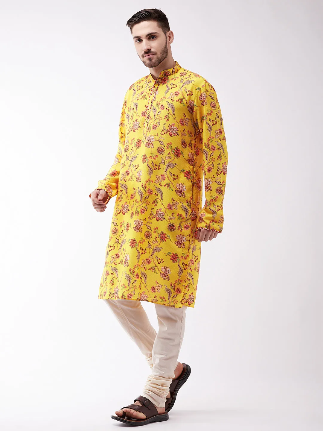 Jashvi Multicolor-Base-Mustard And Cream Baap Beta Kurta And Pyjama Set