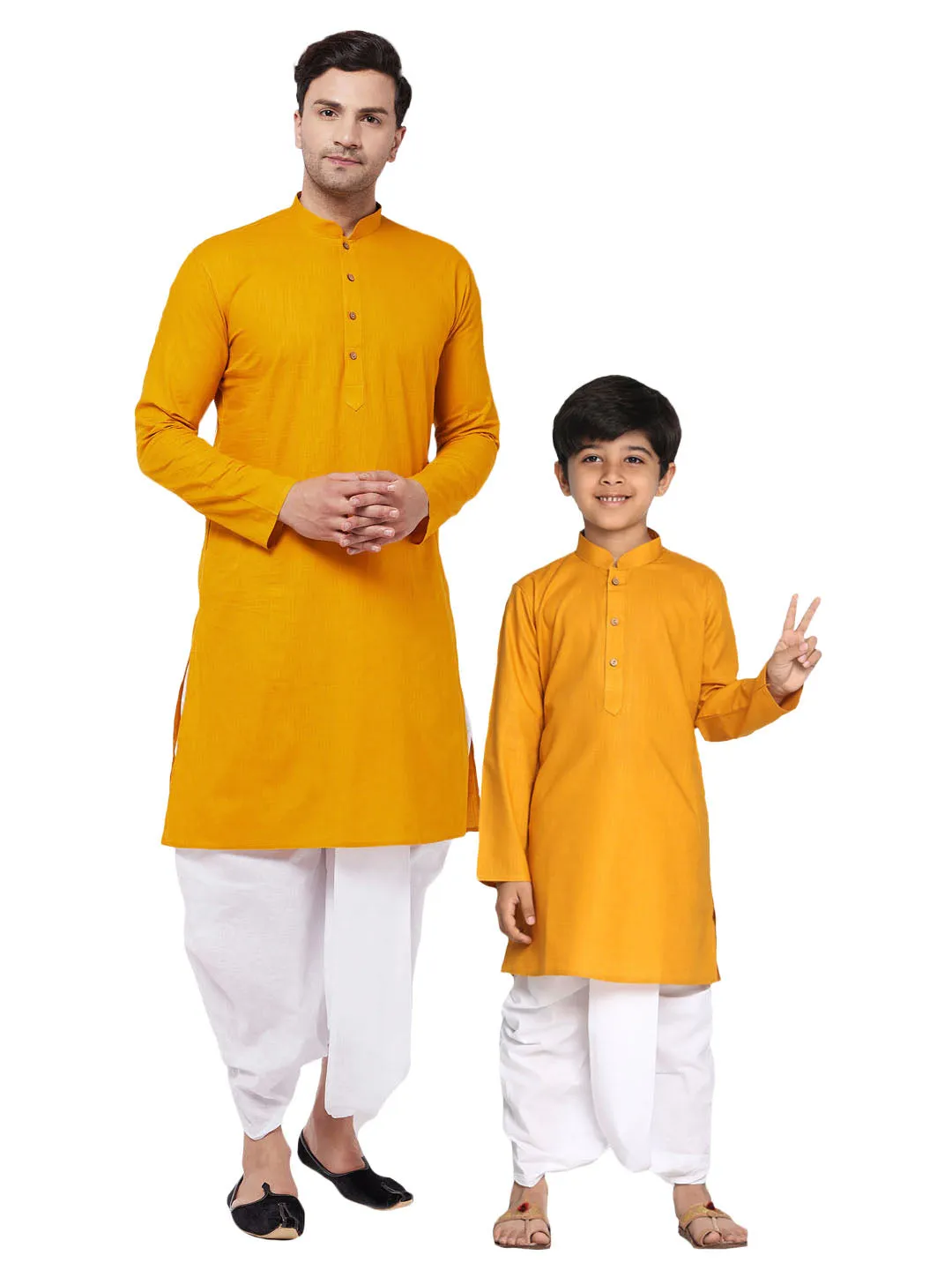 Jashvi Mustard Cotton Baap Beta Kurta Dhoti Set