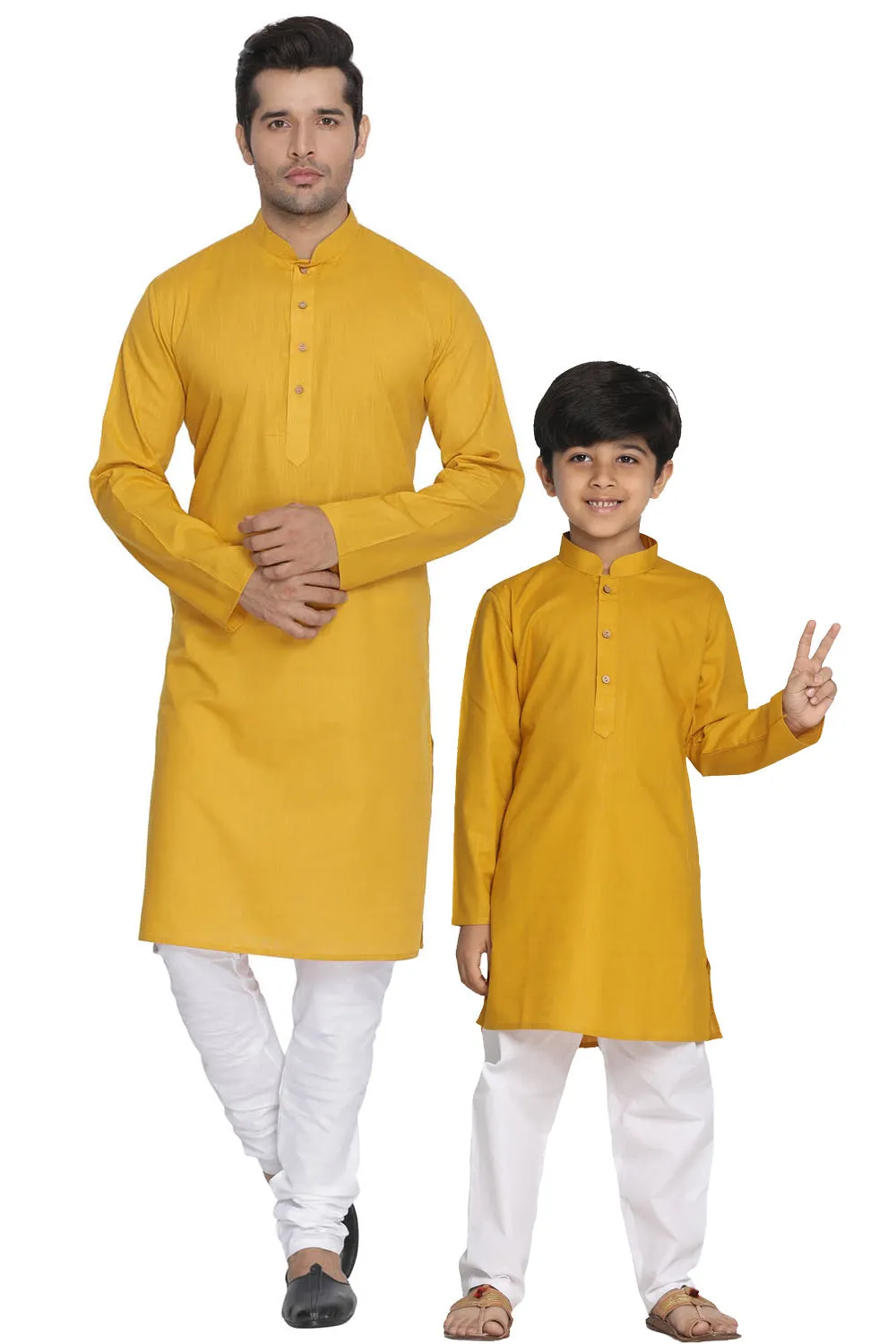 Jashvi Mustard Cotton Baap Beta Kurta Pyjama Set