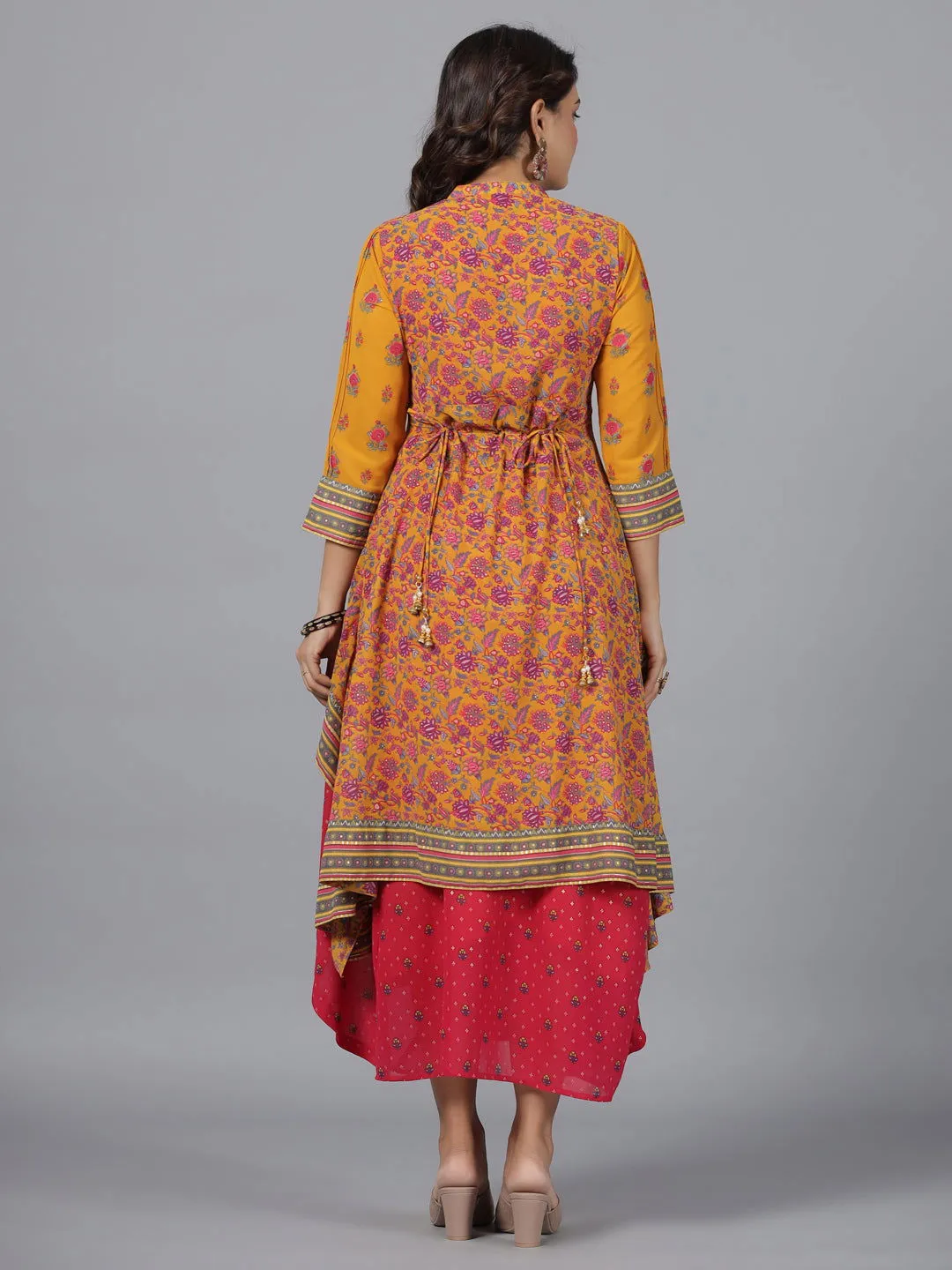 Jashvi  Mustard Floral Printed Georgette Draped Maxi Dress With Sequins Work