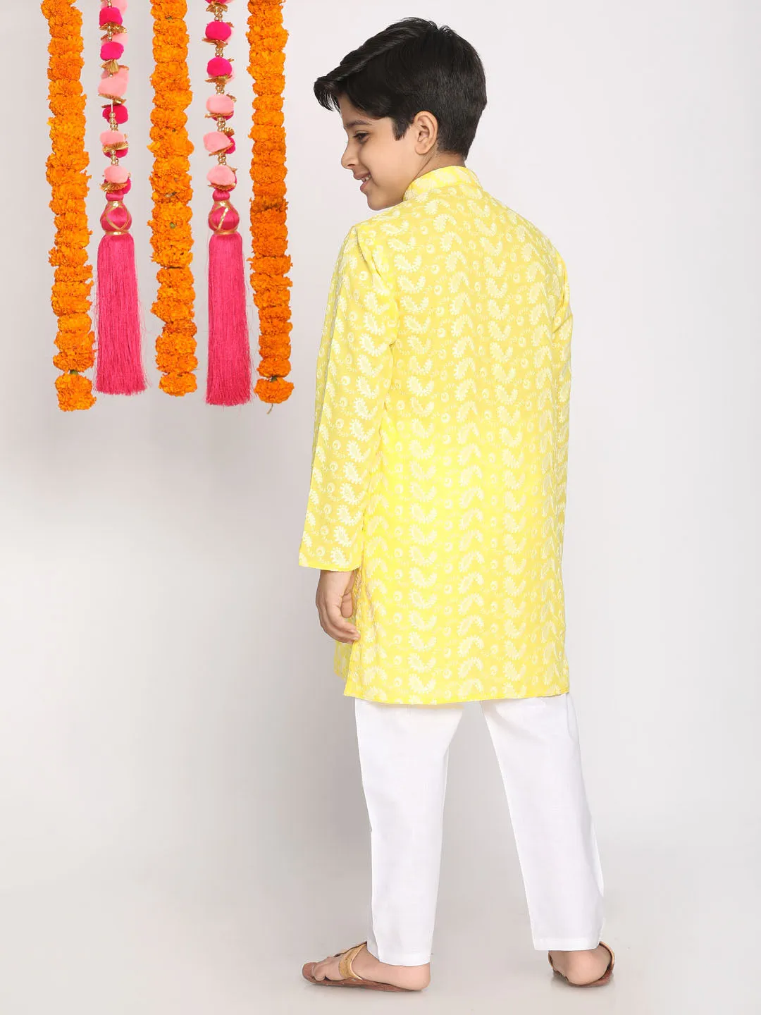 Jashvi Mustard Pure Cotton Chikankari Kurta Pyjama Baap Beta