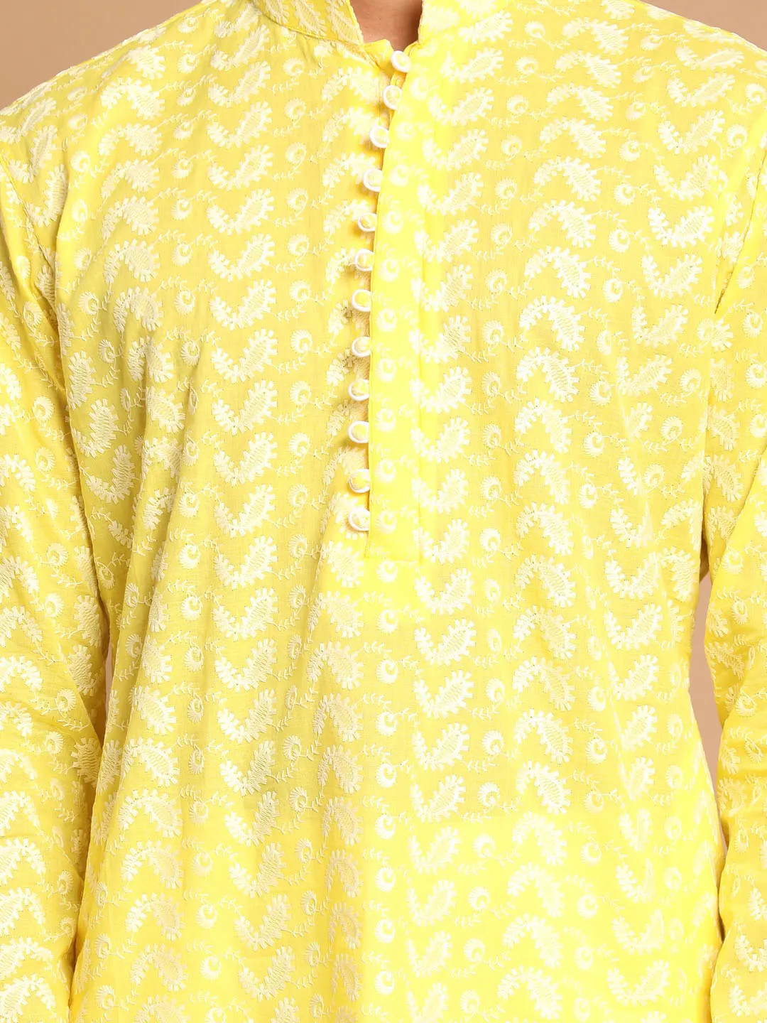 Jashvi Mustard Pure Cotton Chikankari Kurta Pyjama Baap Beta