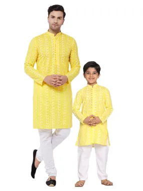 Jashvi Mustard Pure Cotton Chikankari Kurta Pyjama Baap Beta