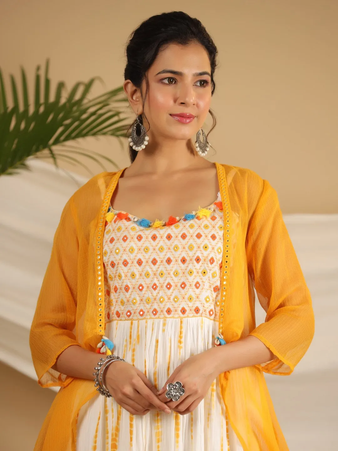 Jashvi Mustard Tie-Dye Tiered & Layered Pure Cotton Dress With Mirror Work Embroidery