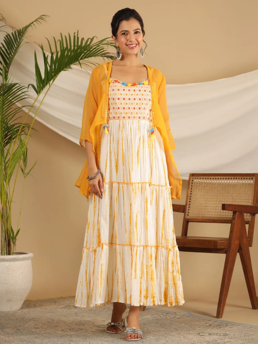 Jashvi Mustard Tie-Dye Tiered & Layered Pure Cotton Dress With Mirror Work Embroidery