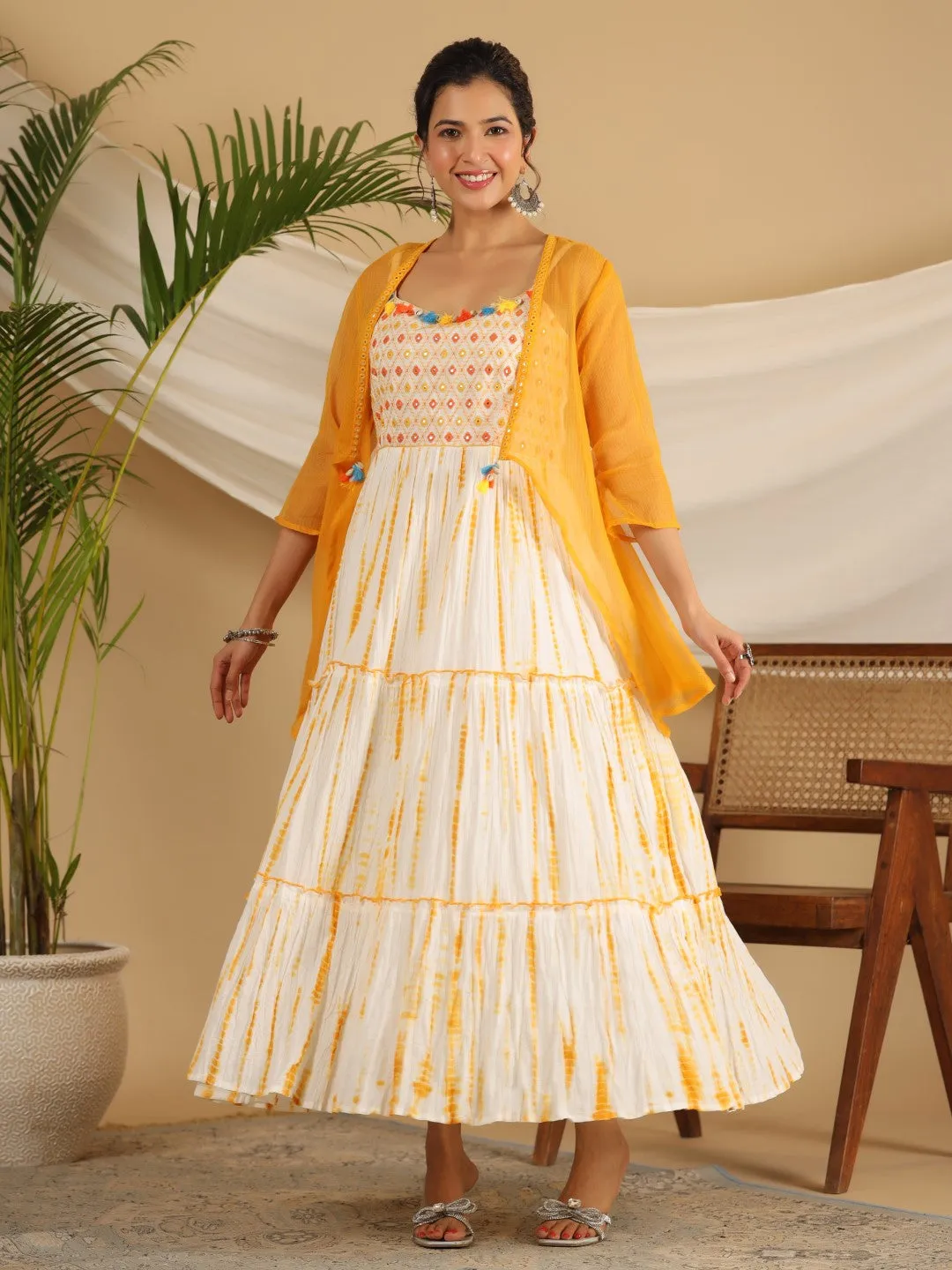 Jashvi Mustard Tie-Dye Tiered & Layered Pure Cotton Dress With Mirror Work Embroidery