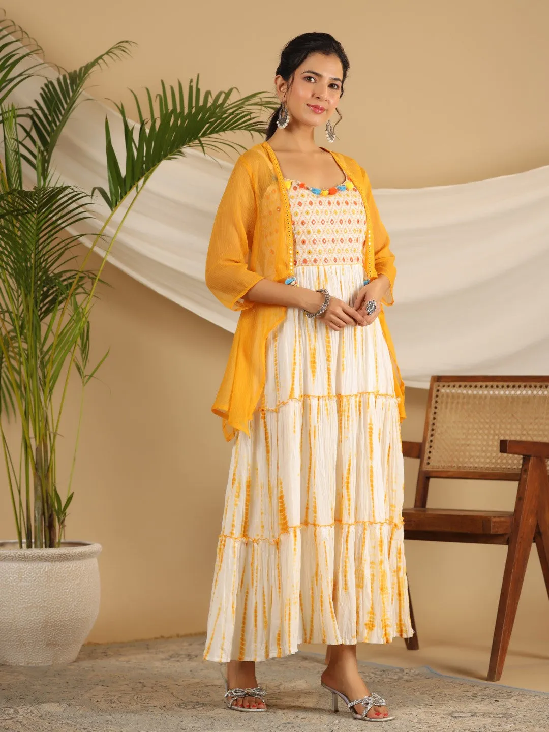 Jashvi Mustard Tie-Dye Tiered & Layered Pure Cotton Dress With Mirror Work Embroidery