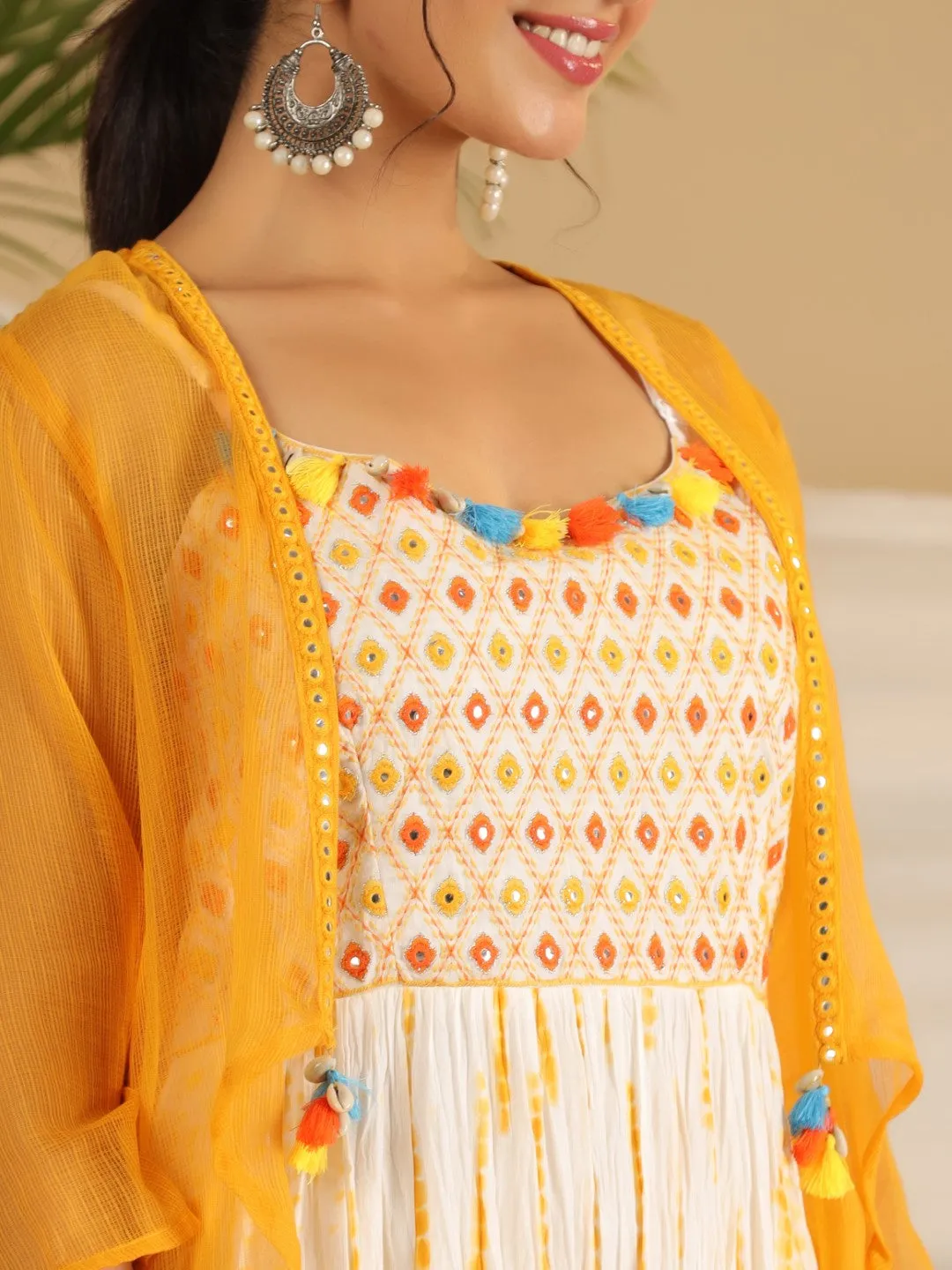 Jashvi Mustard Tie-Dye Tiered & Layered Pure Cotton Dress With Mirror Work Embroidery